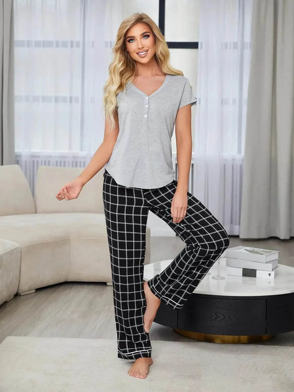 V-Neck Short Sleeve and Pants Lounge Set - Bona Fide Fashion