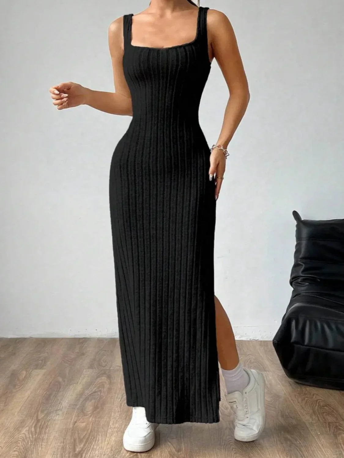 Cutout Square Neck Wide Strap Knit Dress - Bona Fide Fashion