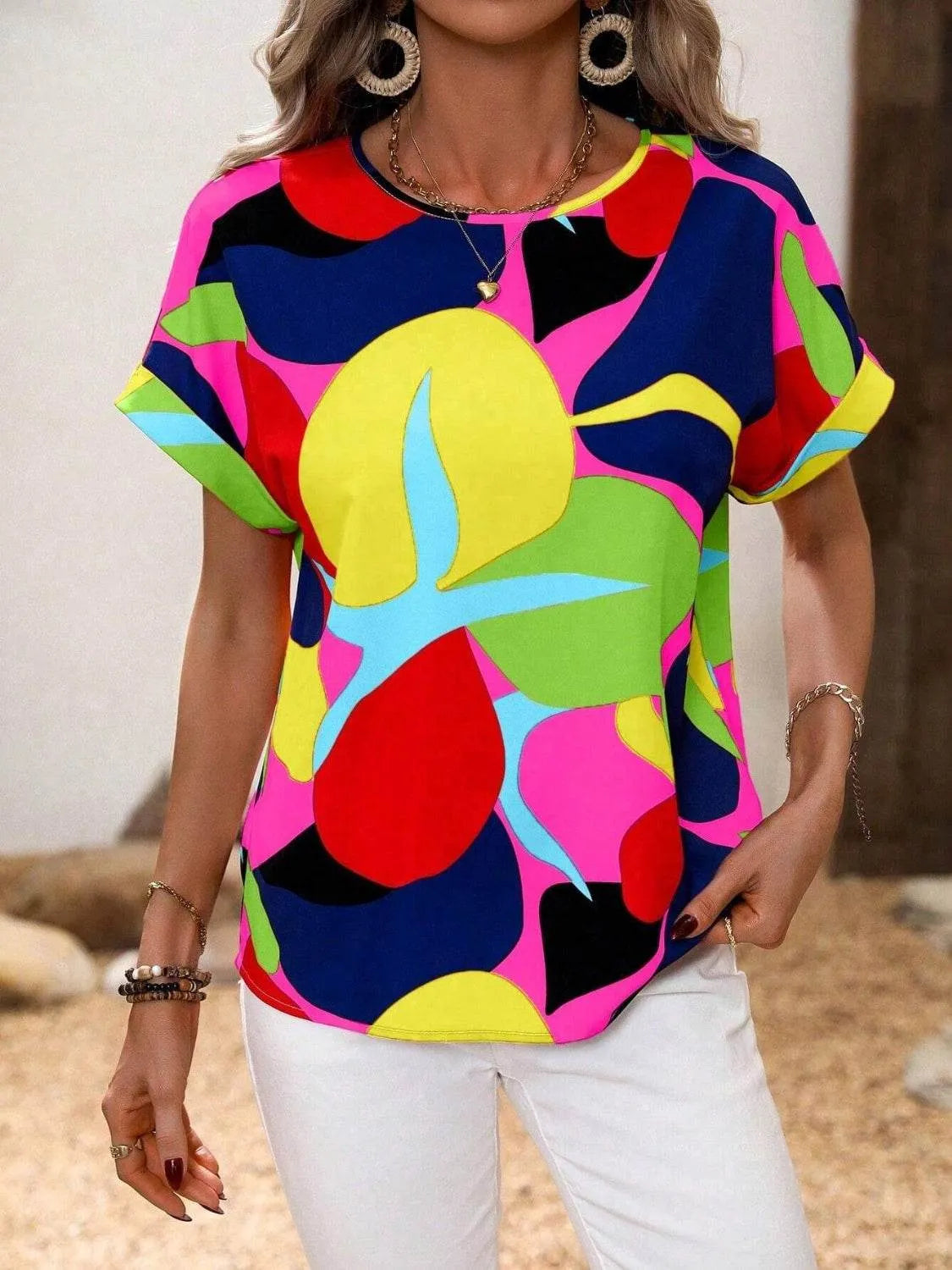 Contrast Round Neck Short Sleeve Blouse - Bona Fide Fashion