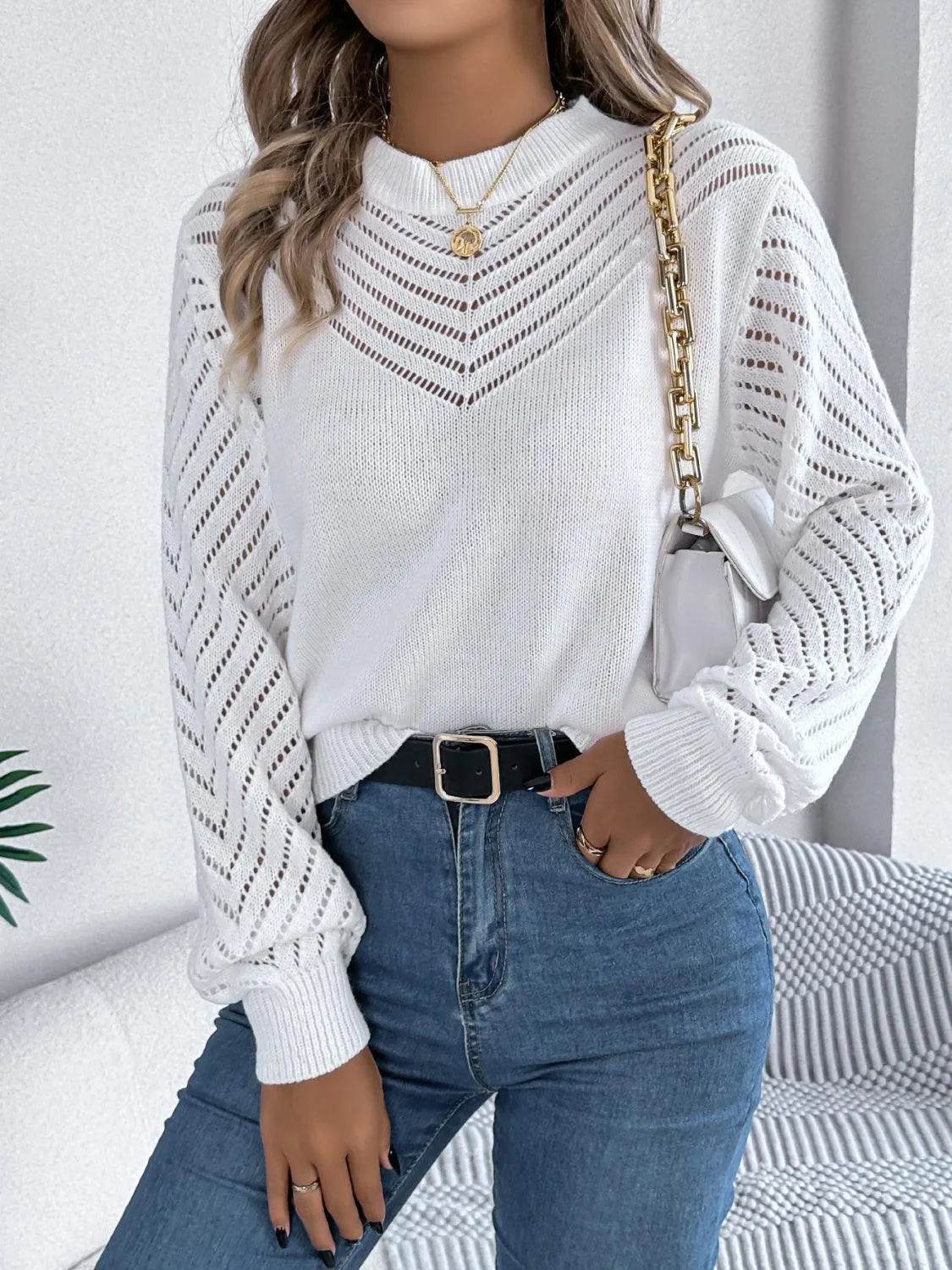 Openwork Round Neck Long Sleeve Knit Top - Bona Fide Fashion