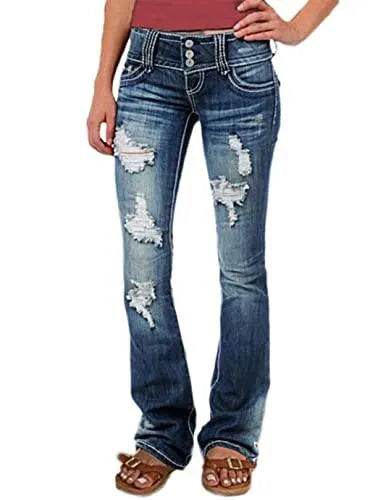 Flamingals Low Rise Jeans Women Ripped Bootcut Stretch Jeans Button Up Trendy 2023 Blue XL - Bona Fide Fashion