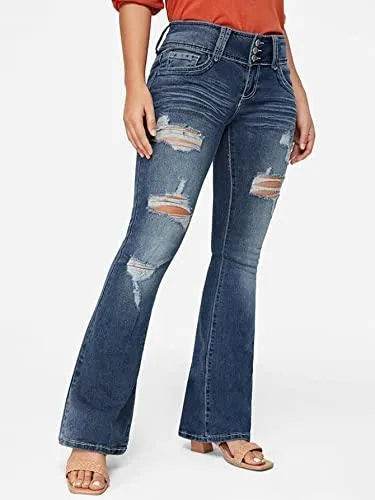 Flamingals Low Rise Jeans Women Ripped Bootcut Stretch Jeans Button Up Trendy 2023 Blue XL - Bona Fide Fashion