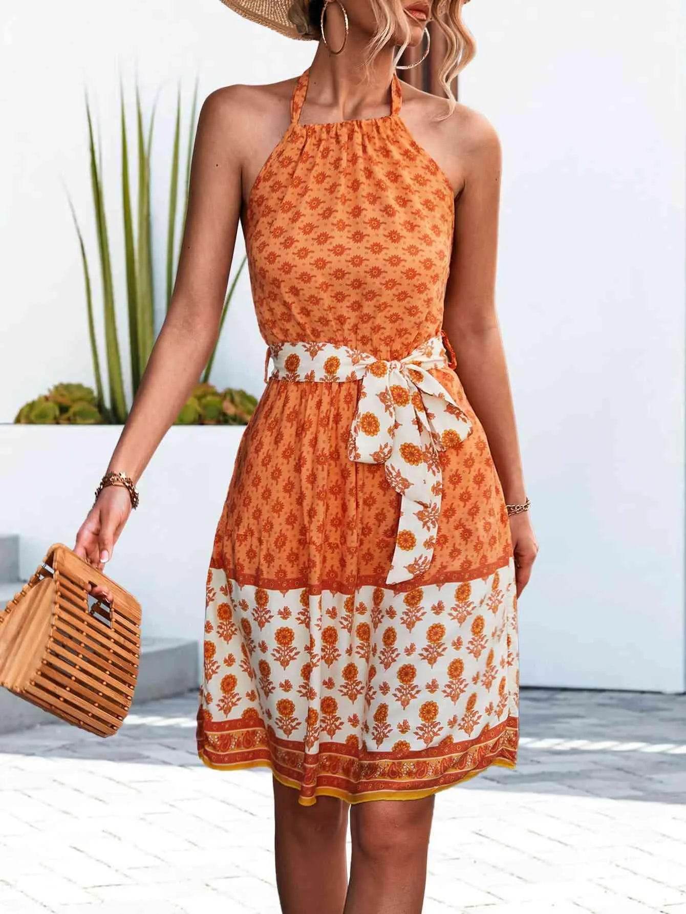 Floral Halter Neck Tie Waist Dress - Bona Fide Fashion
