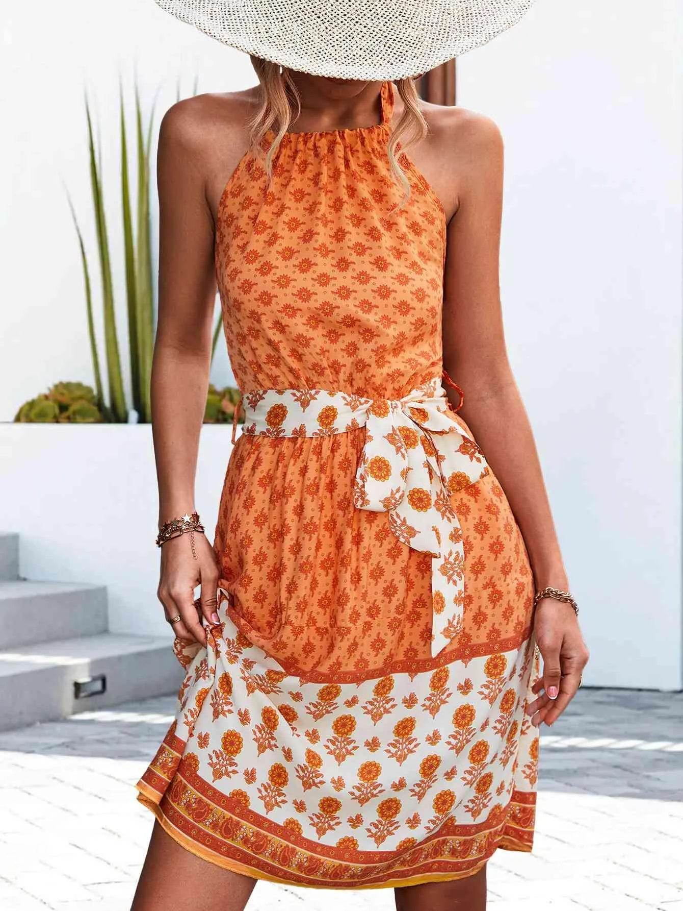 Floral Halter Neck Tie Waist Dress - Bona Fide Fashion