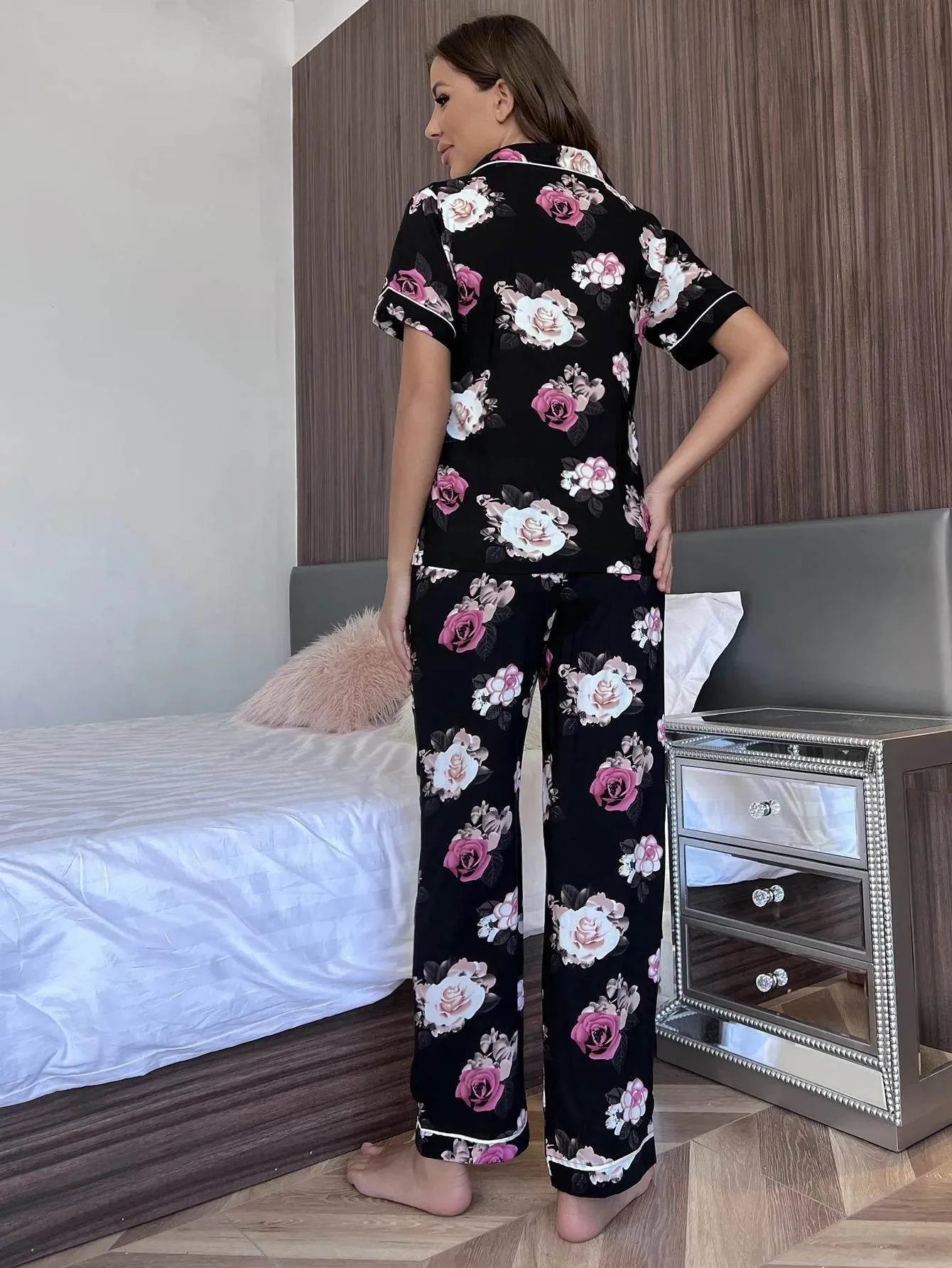 Floral Short Sleeve Shirt and Pants Lounge Set - Bona Fide Fashion