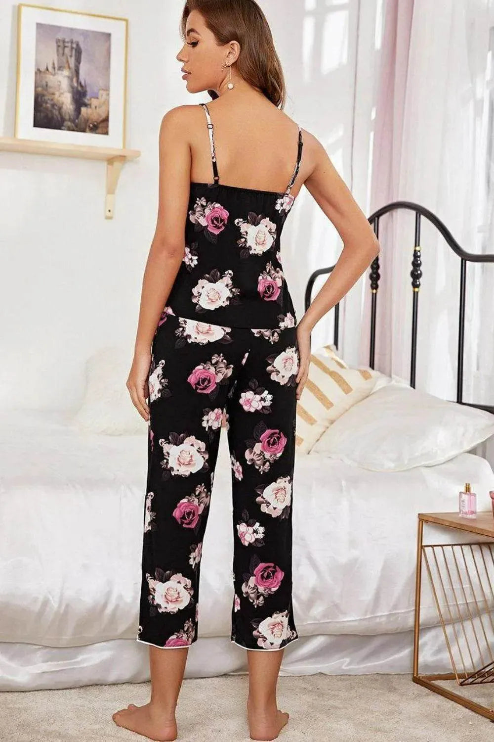 Floral V-Neck and Cropped Pants Lounge Set - Bona Fide Fashion
