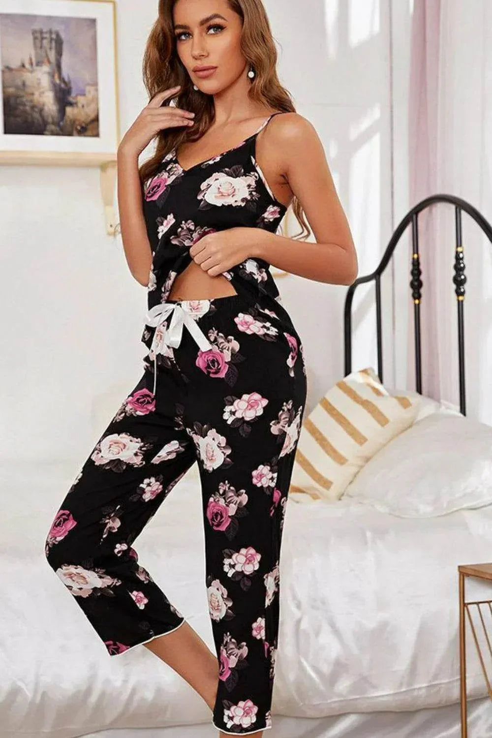 Floral V-Neck and Cropped Pants Lounge Set - Bona Fide Fashion