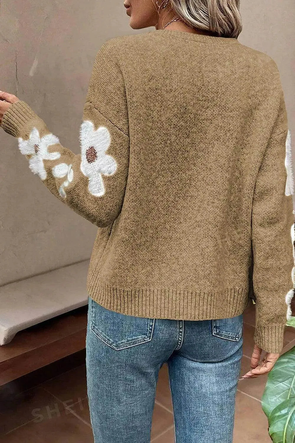 Flower Round Neck Long Sleeve Sweater - Bona Fide Fashion