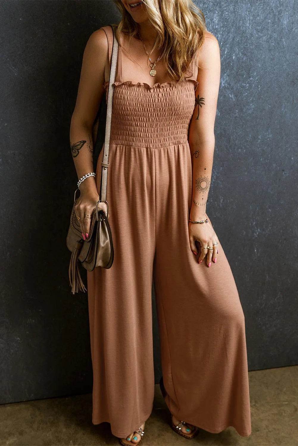Frill Smocked Wide Leg Jumpsuit - Bona Fide Fashion