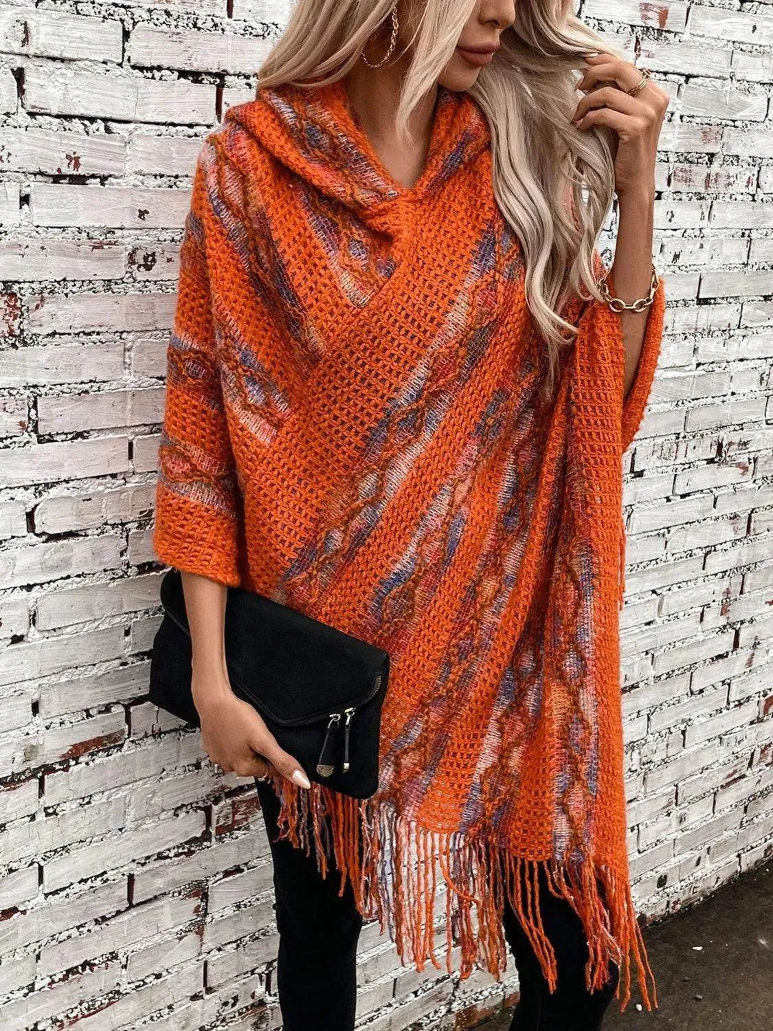 Fringe Contrast Hooded Poncho - Bona Fide Fashion