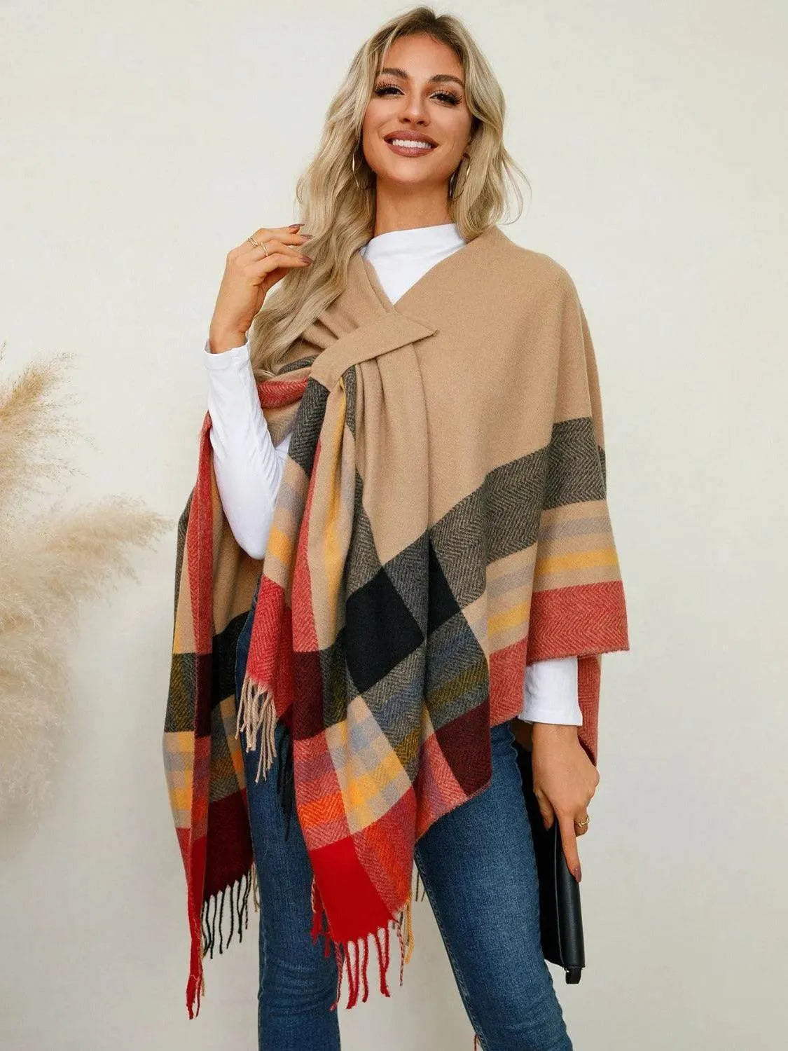 Fringe Contrast Plaid Poncho - Bona Fide Fashion