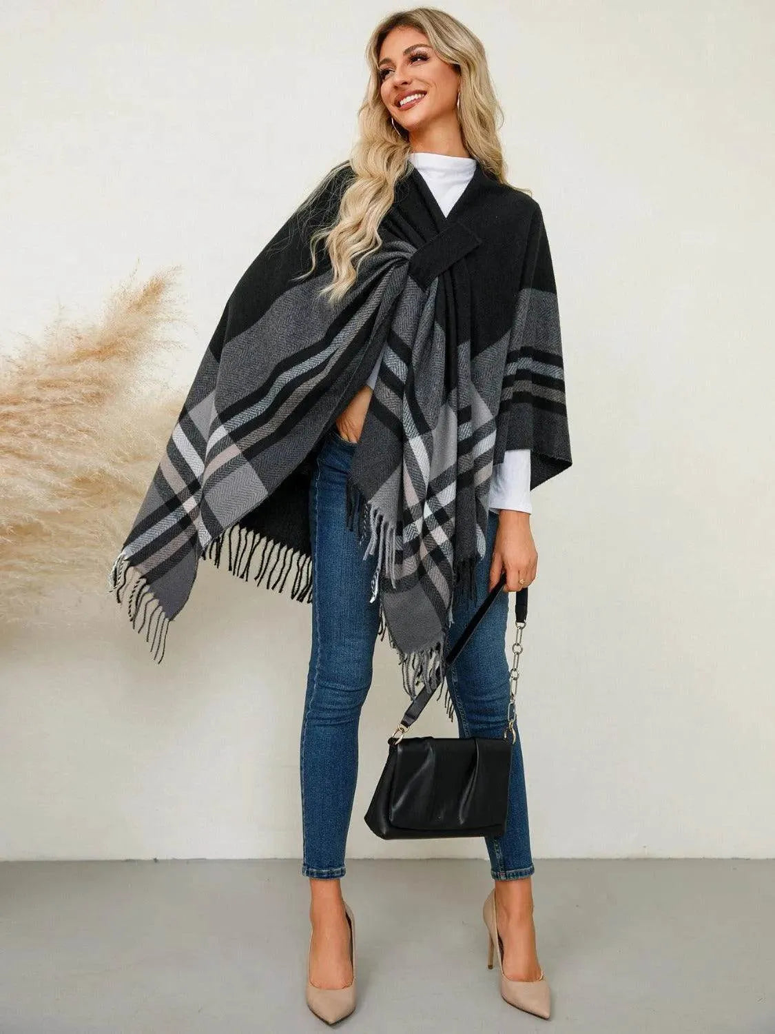 Fringe Contrast Plaid Poncho - Bona Fide Fashion