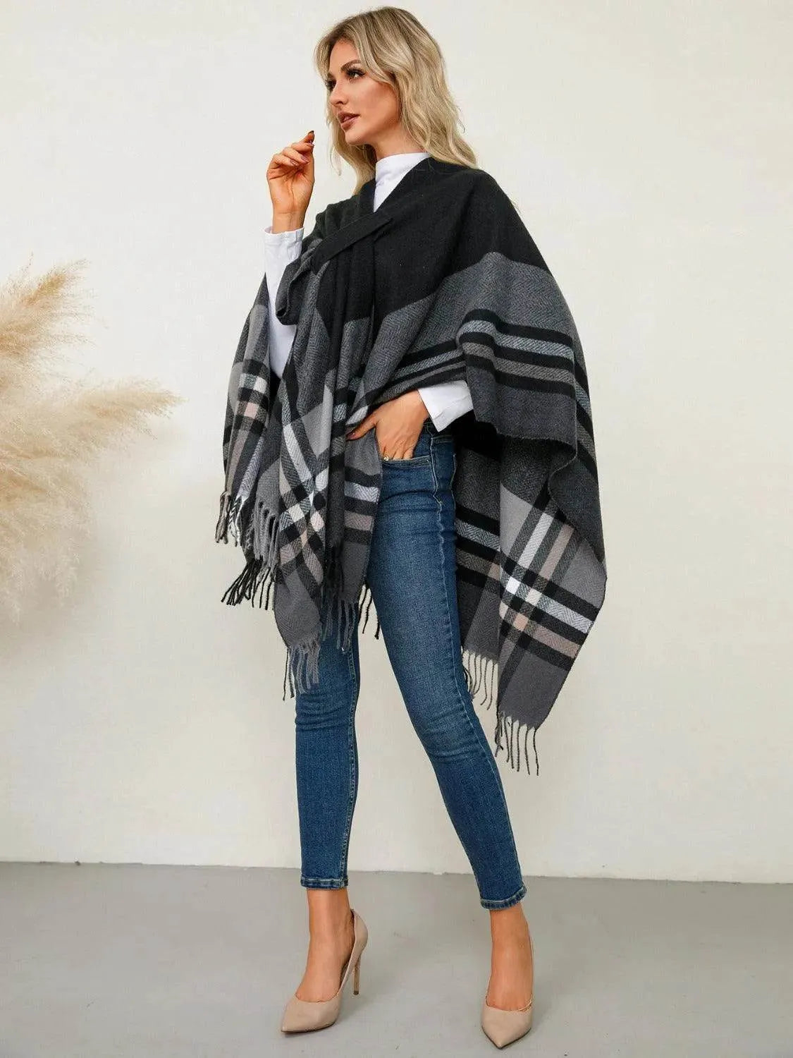 Fringe Contrast Plaid Poncho - Bona Fide Fashion