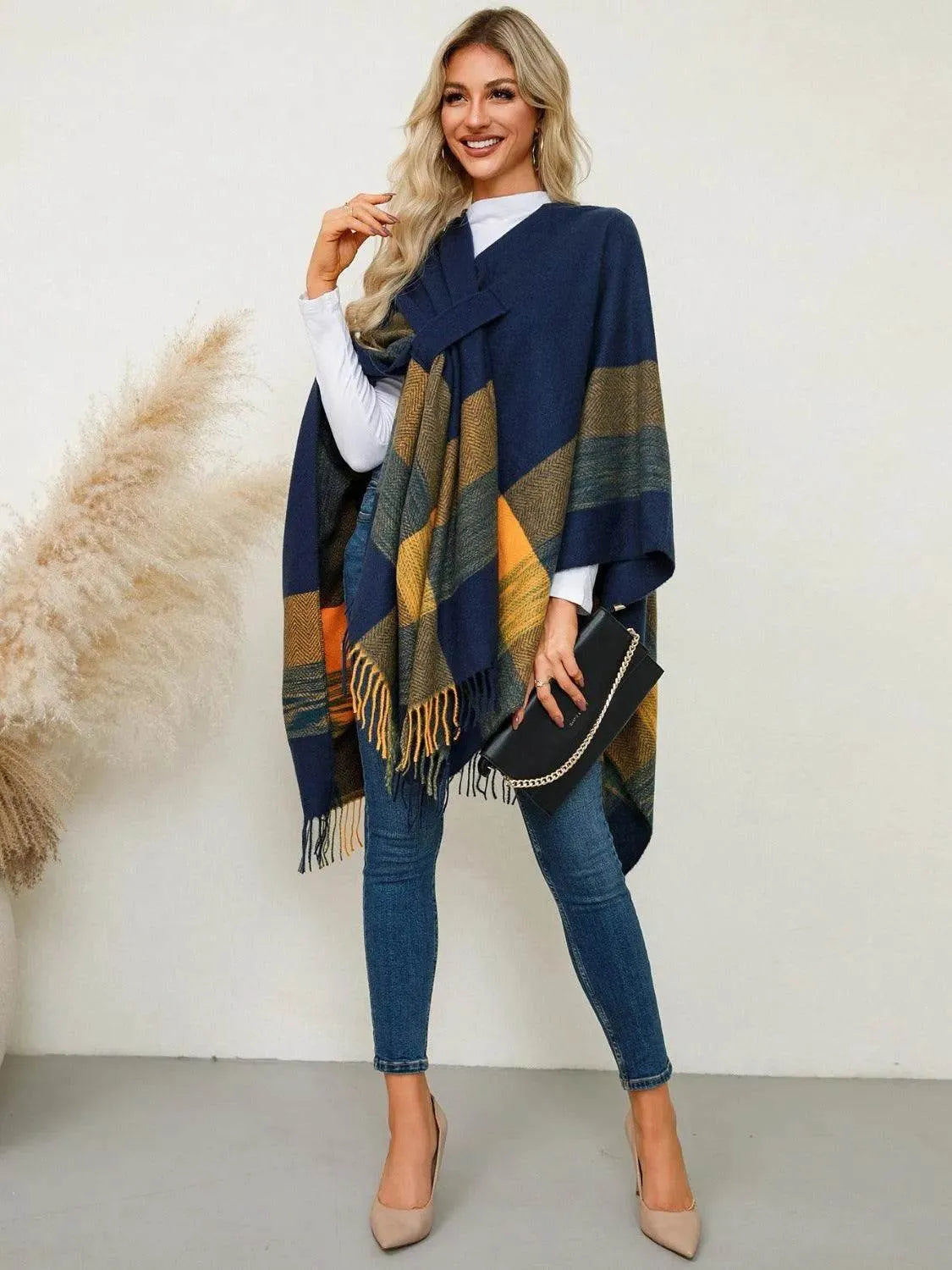 Fringe Contrast Plaid Poncho - Bona Fide Fashion