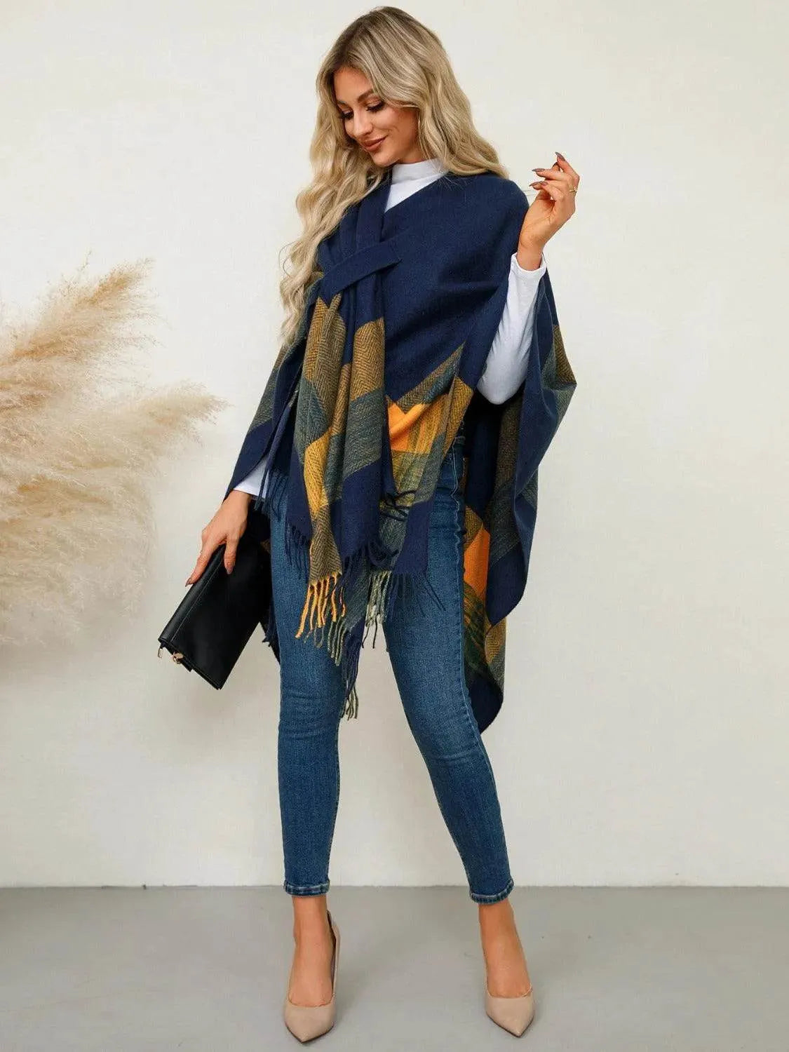 Fringe Contrast Plaid Poncho - Bona Fide Fashion