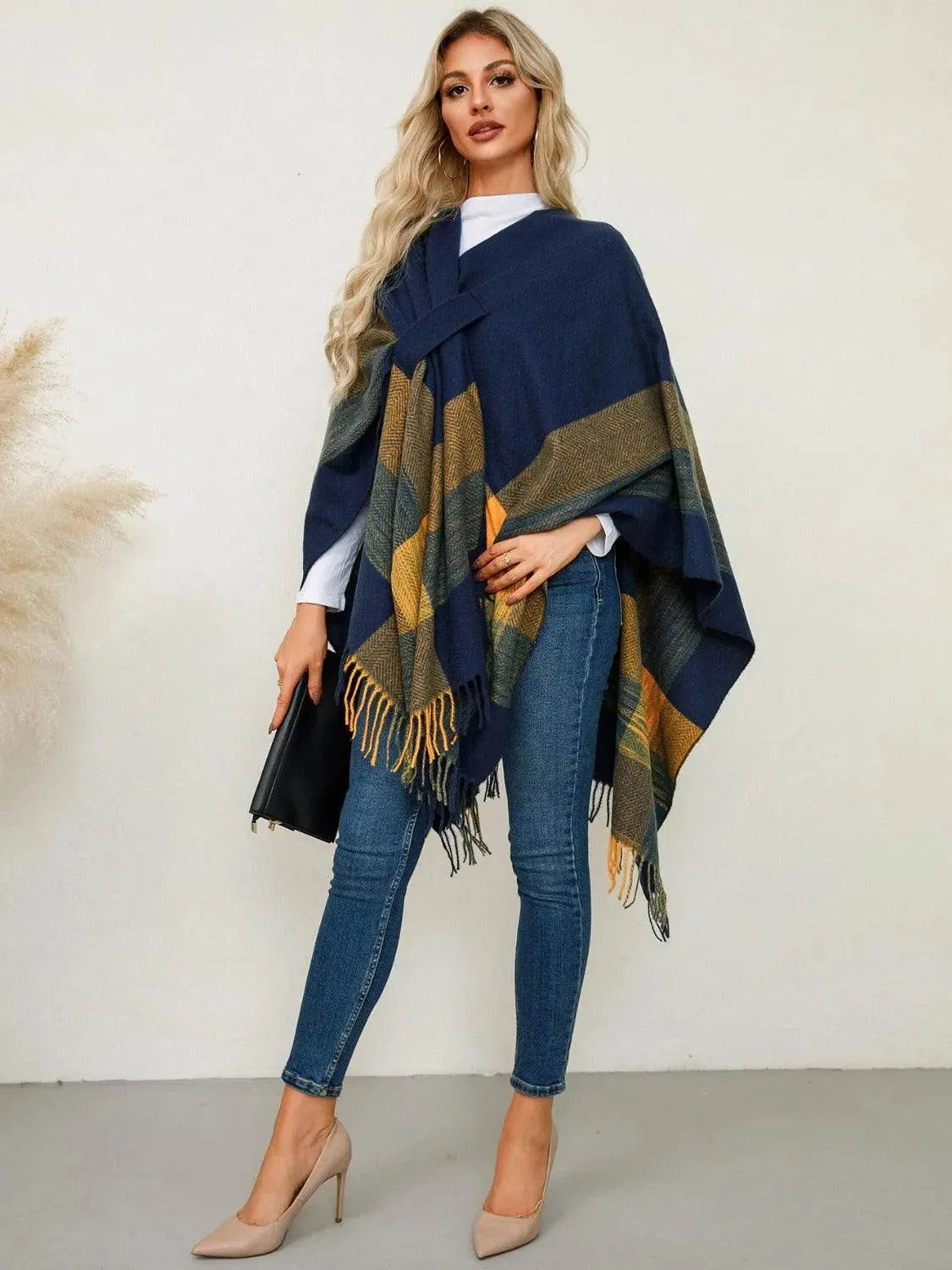 Fringe Contrast Plaid Poncho - Bona Fide Fashion