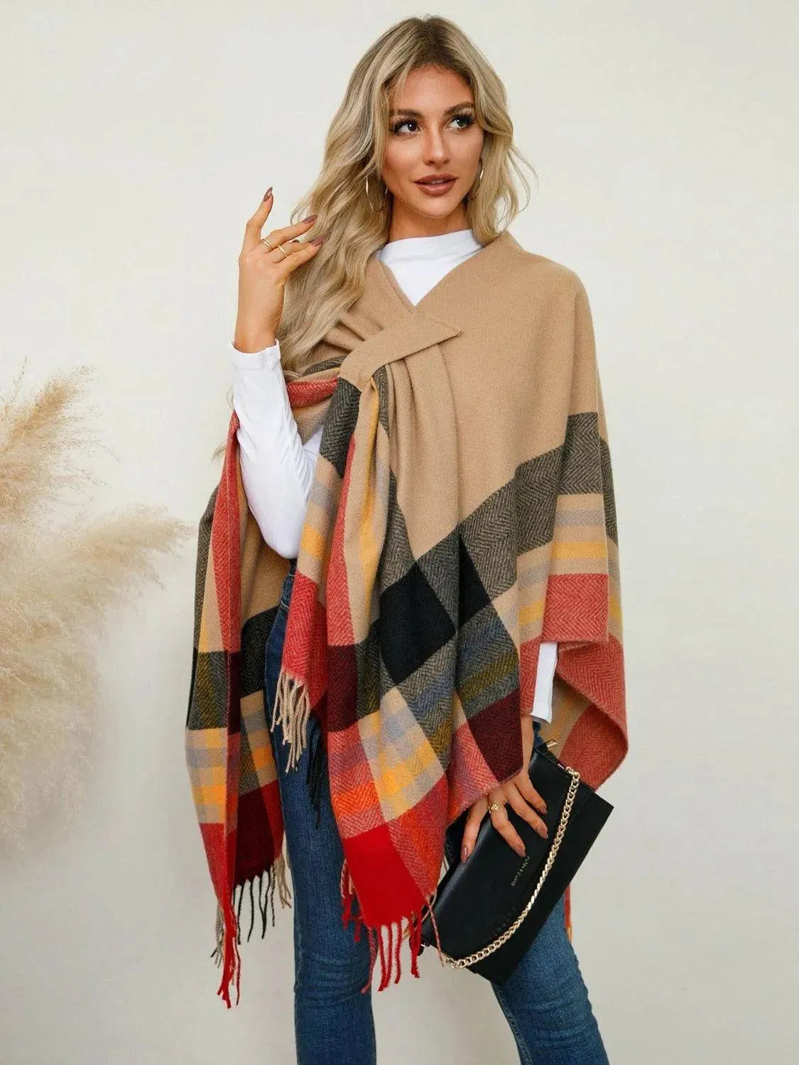 Fringe Contrast Plaid Poncho - Bona Fide Fashion