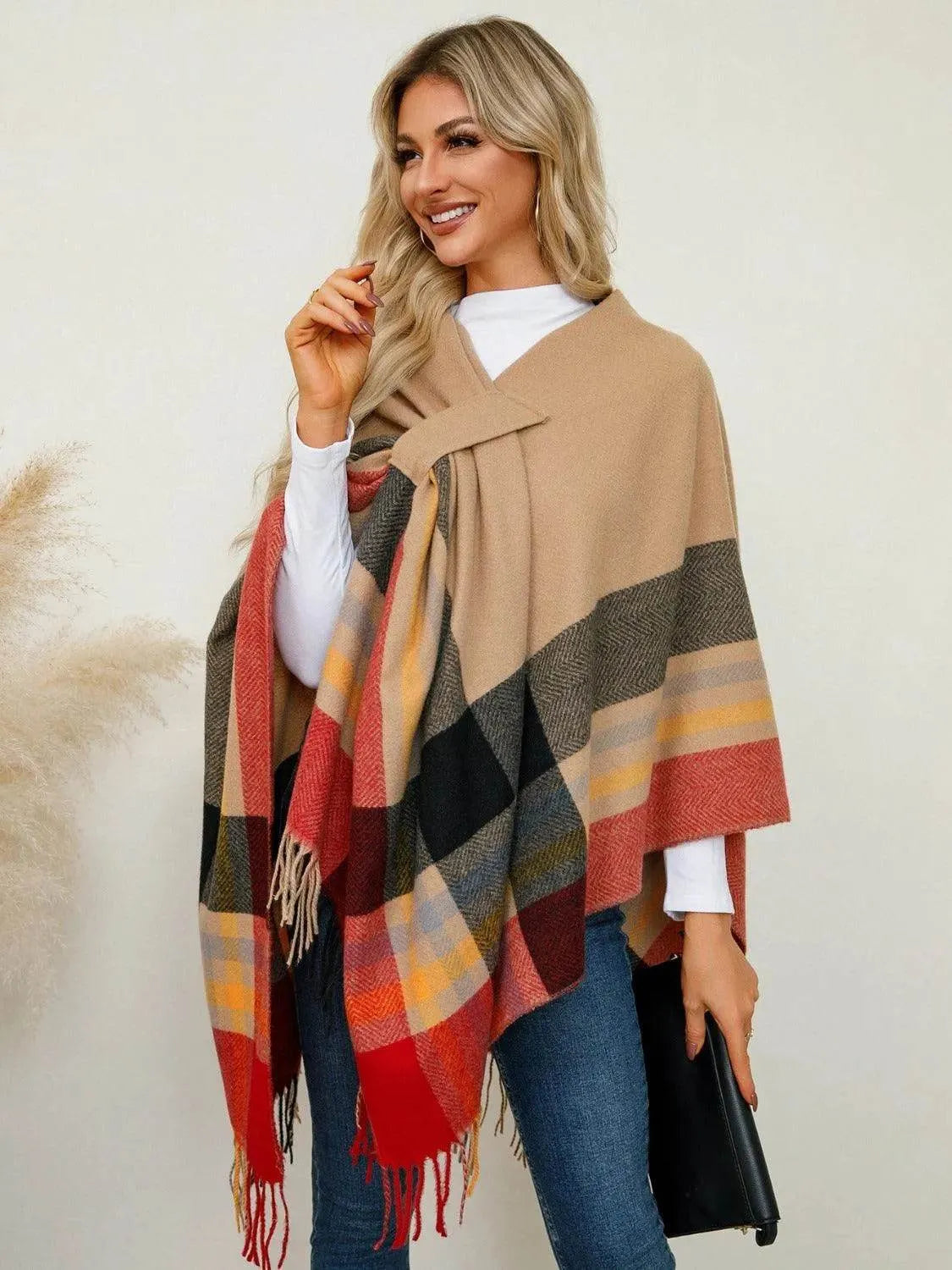 Fringe Contrast Plaid Poncho - Bona Fide Fashion