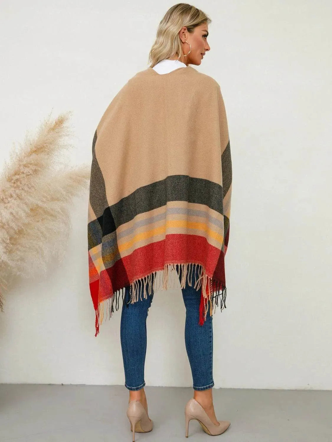 Fringe Contrast Plaid Poncho - Bona Fide Fashion