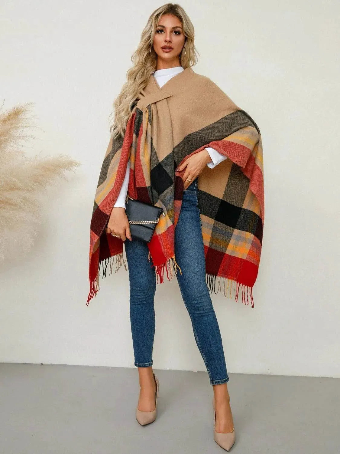 Fringe Contrast Plaid Poncho - Bona Fide Fashion
