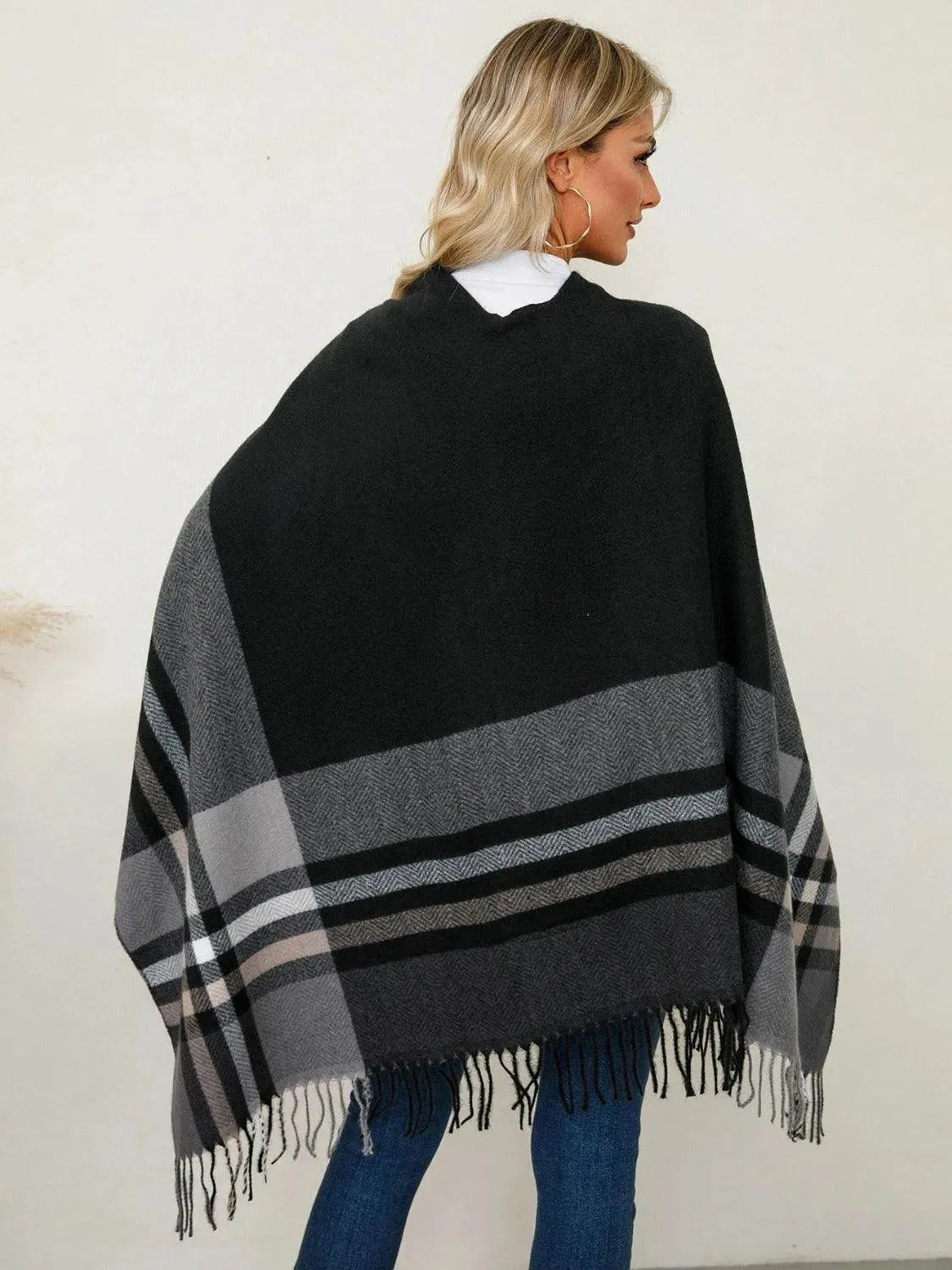 Fringe Contrast Plaid Poncho - Bona Fide Fashion
