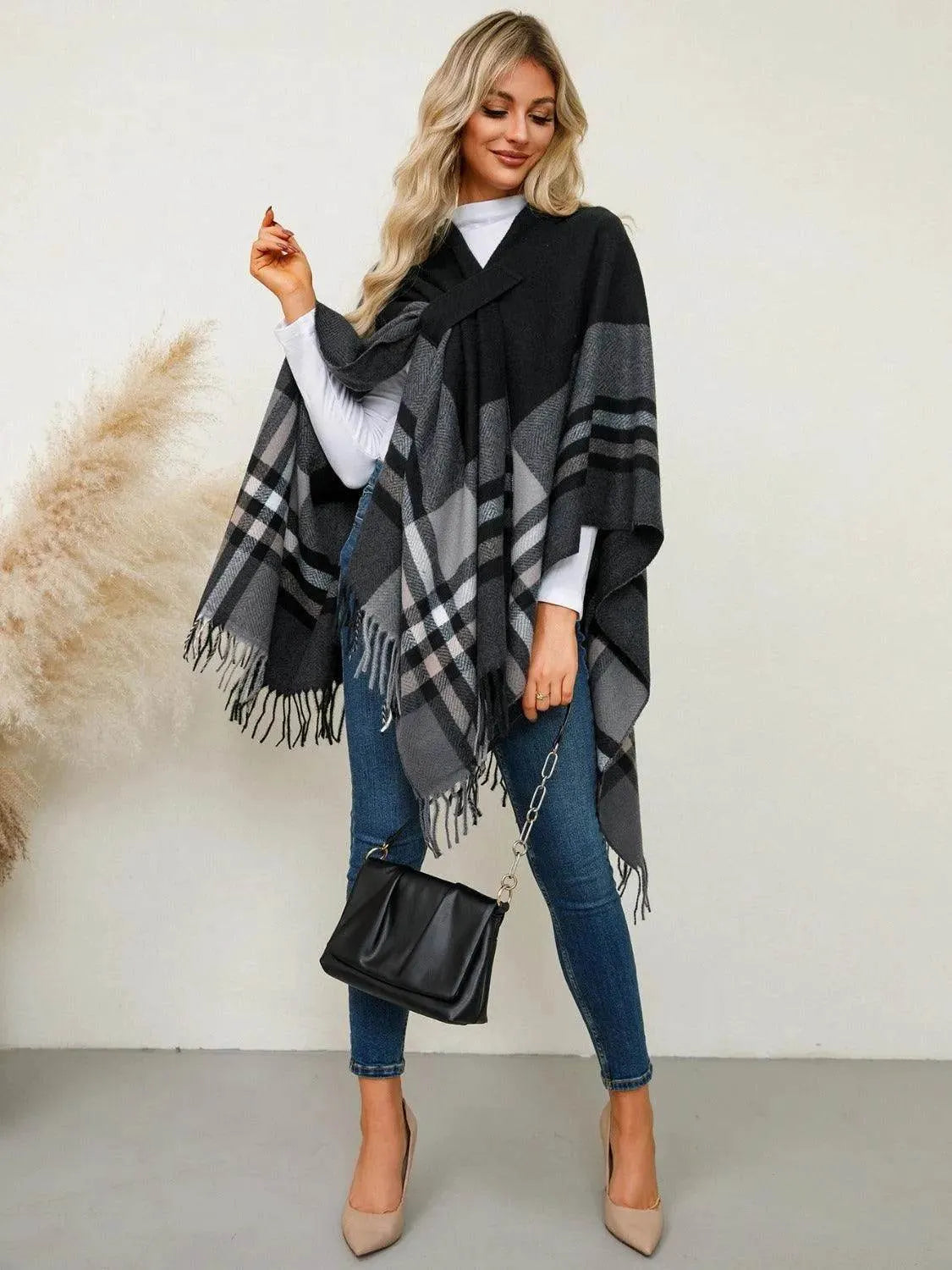 Fringe Contrast Plaid Poncho - Bona Fide Fashion