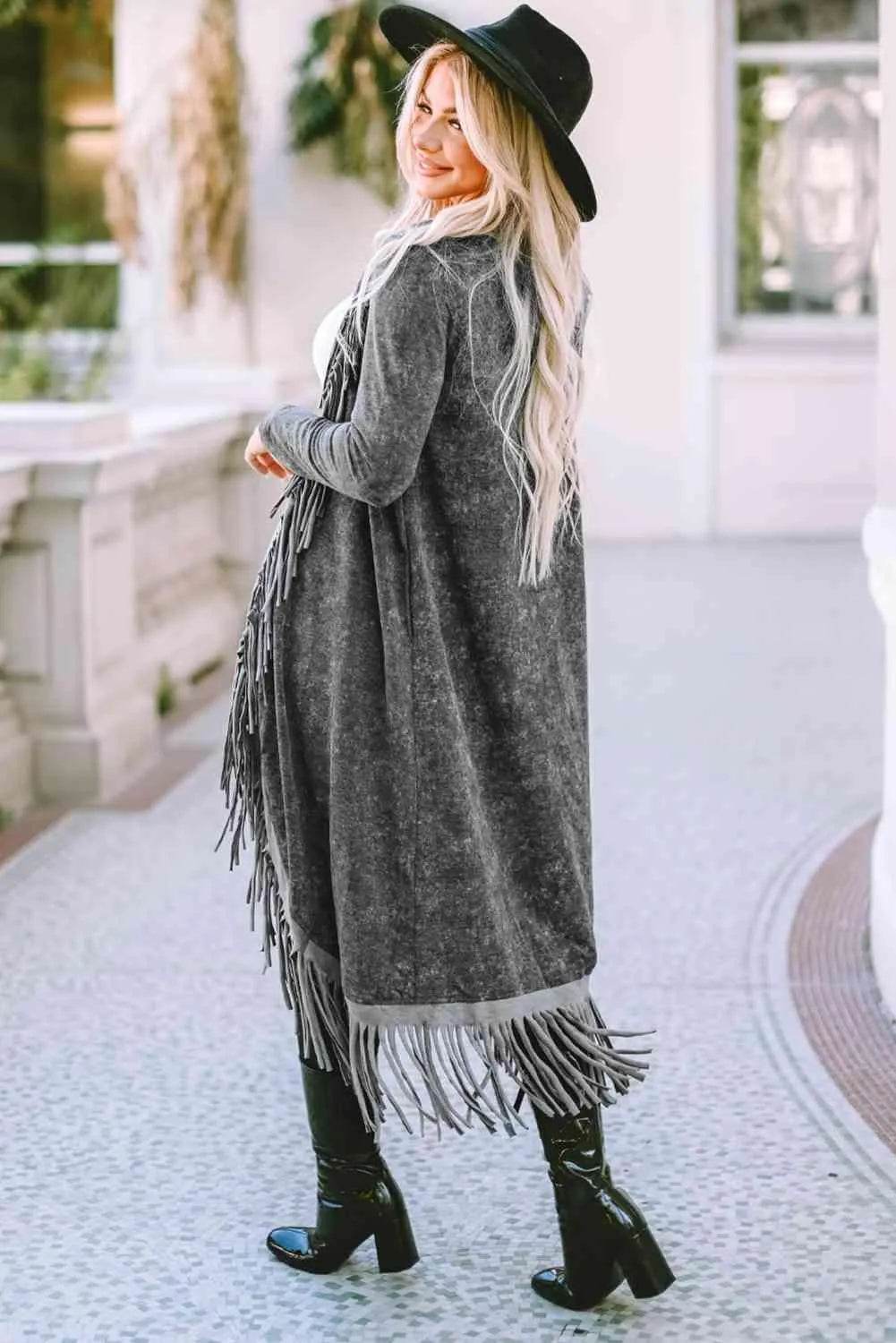 Fringe Detail Long Sleeve Cardigan - Bona Fide Fashion