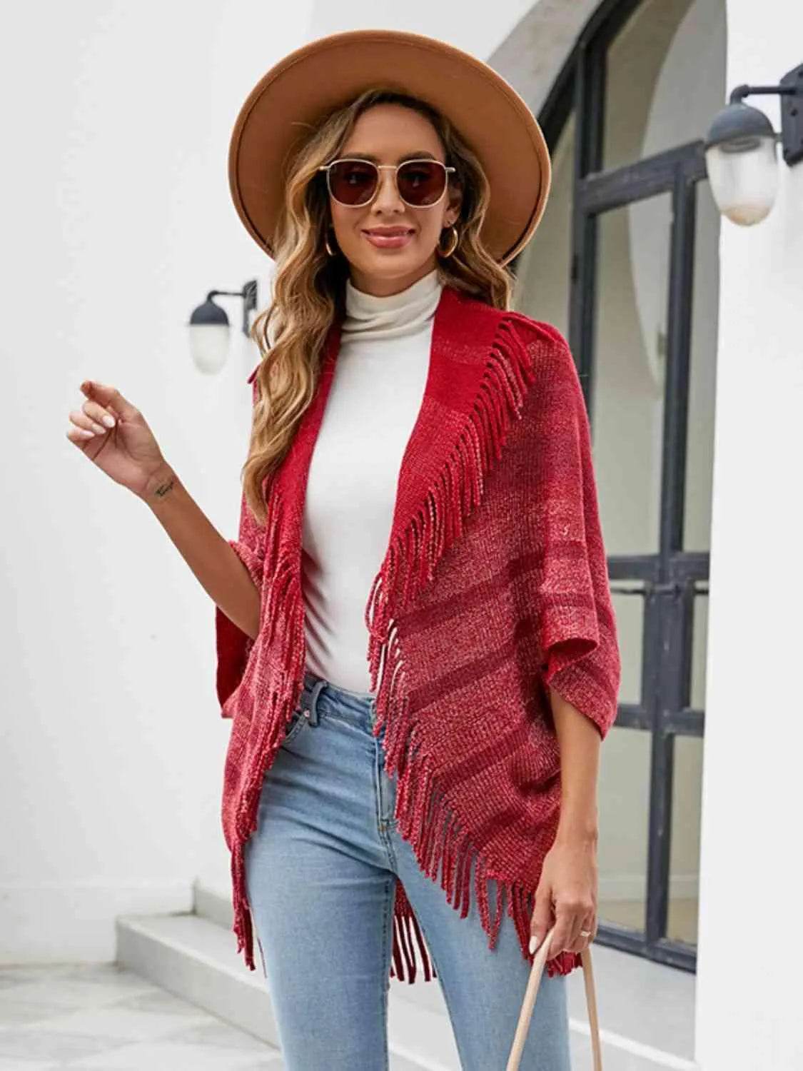 Fringe Detail Open Front Poncho - Bona Fide Fashion