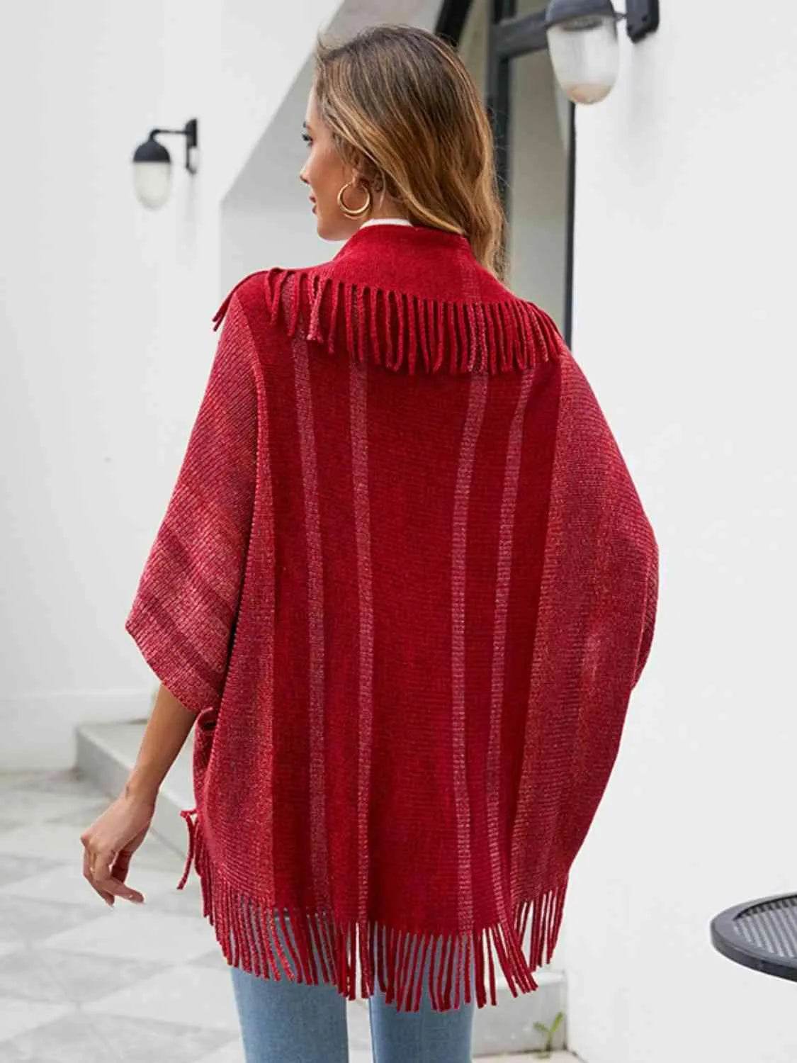 Fringe Detail Open Front Poncho - Bona Fide Fashion
