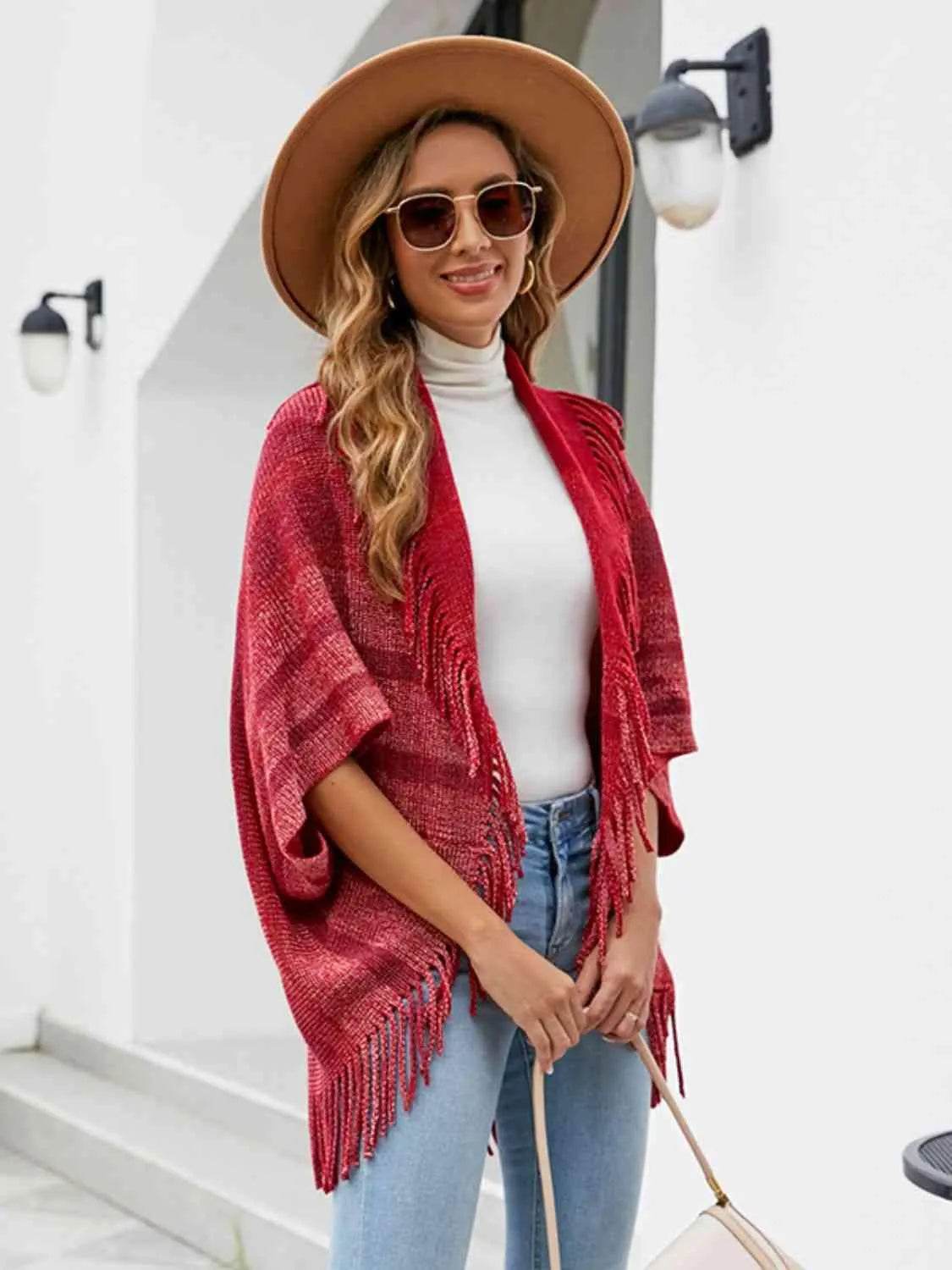 Fringe Detail Open Front Poncho - Bona Fide Fashion