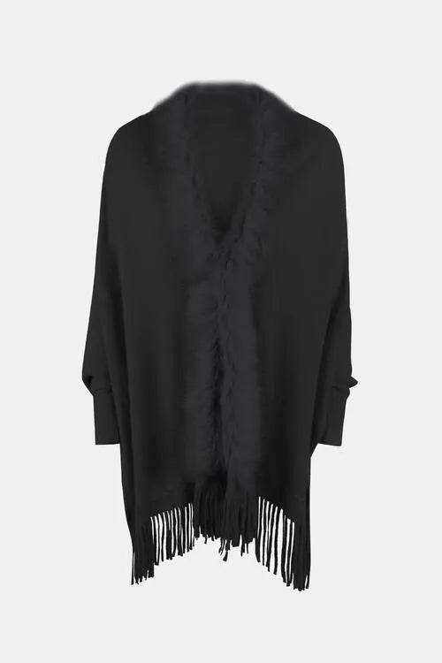 Fringe Open Front Long Sleeve Poncho - Bona Fide Fashion