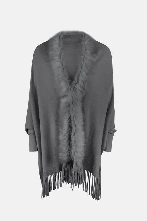 Fringe Open Front Long Sleeve Poncho - Bona Fide Fashion