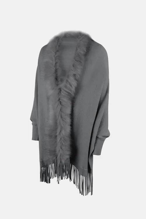 Fringe Open Front Long Sleeve Poncho - Bona Fide Fashion