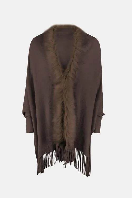 Fringe Open Front Long Sleeve Poncho - Bona Fide Fashion