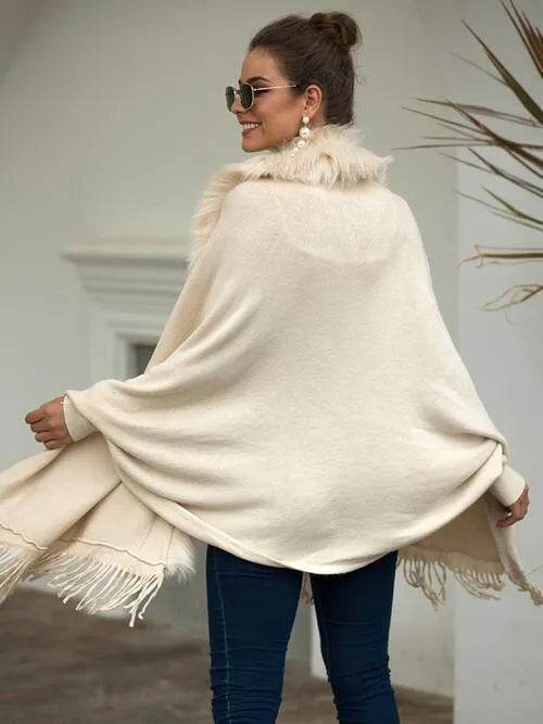 Fringe Open Front Long Sleeve Poncho - Bona Fide Fashion