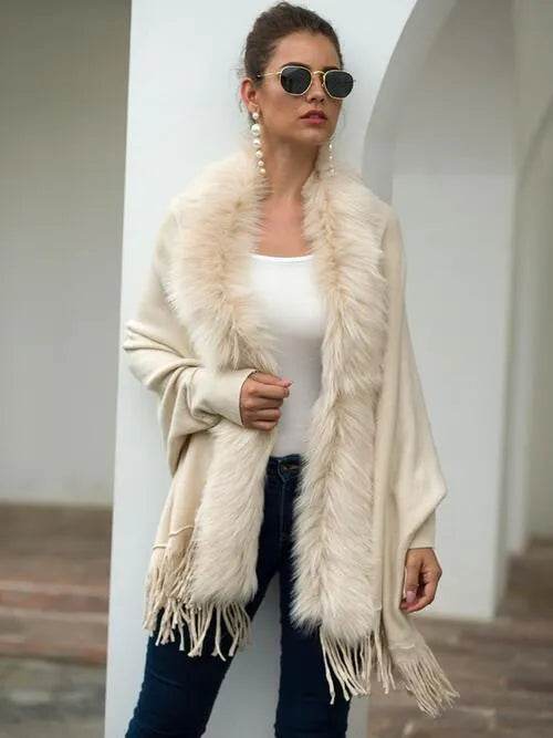 Fringe Open Front Long Sleeve Poncho - Bona Fide Fashion