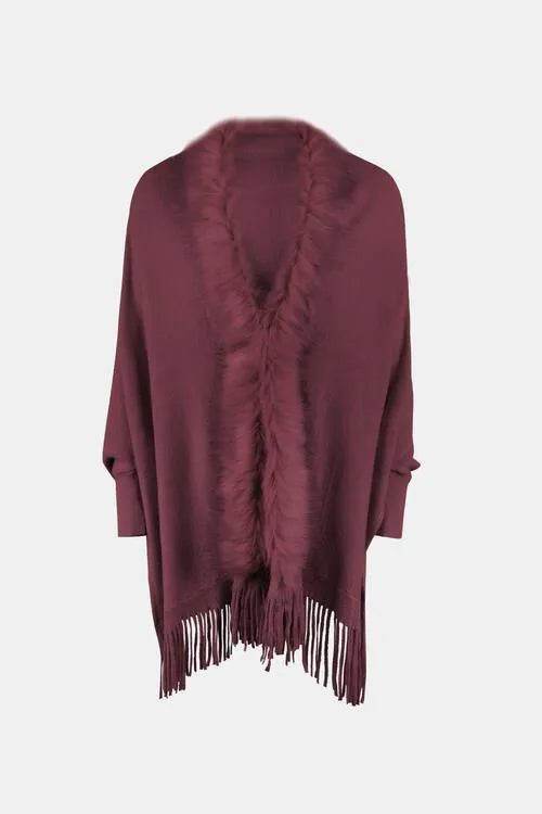 Fringe Open Front Long Sleeve Poncho - Bona Fide Fashion