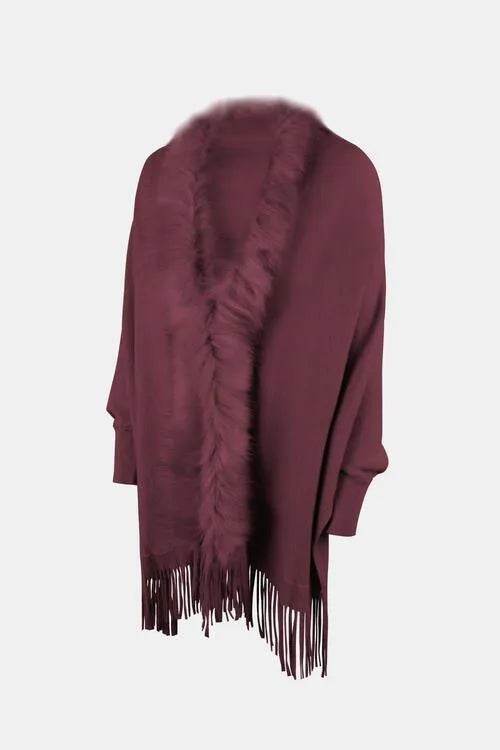Fringe Open Front Long Sleeve Poncho - Bona Fide Fashion