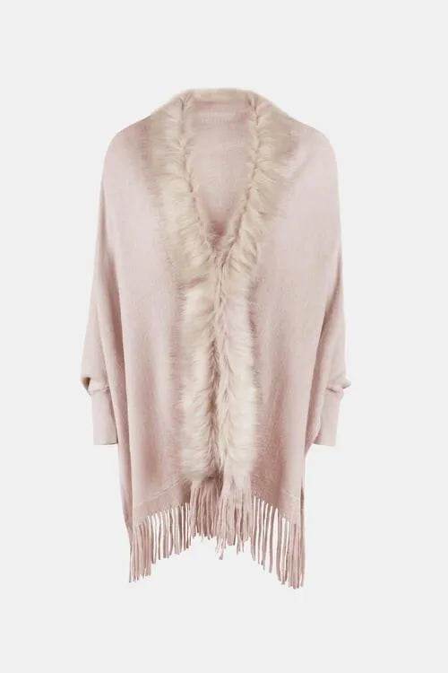 Fringe Open Front Long Sleeve Poncho - Bona Fide Fashion