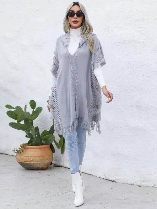 Fringe Trim Buttoned Hooded Poncho - Bona Fide Fashion