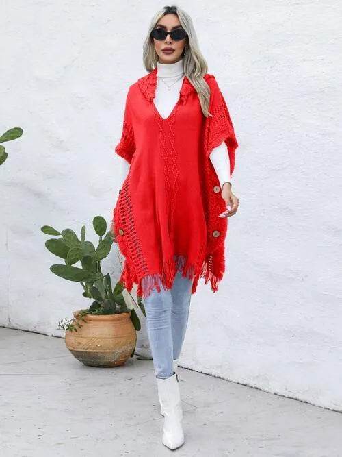 Fringe Trim Buttoned Hooded Poncho - Bona Fide Fashion