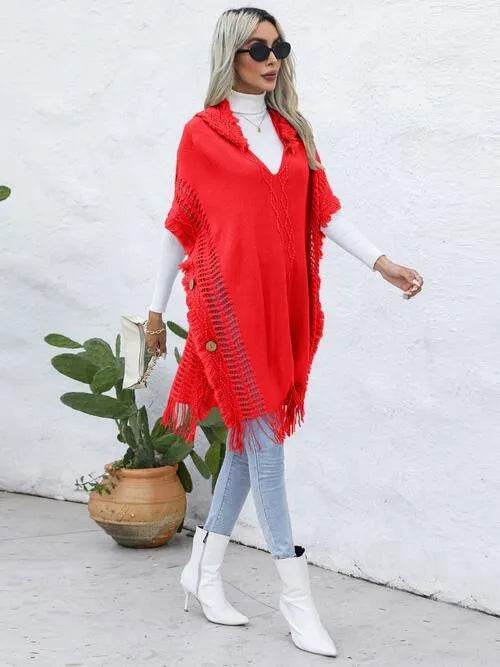 Fringe Trim Buttoned Hooded Poncho - Bona Fide Fashion