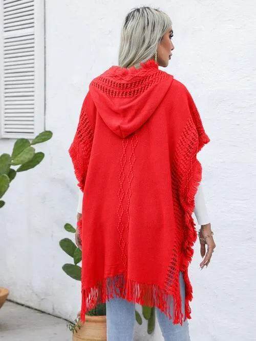 Fringe Trim Buttoned Hooded Poncho - Bona Fide Fashion