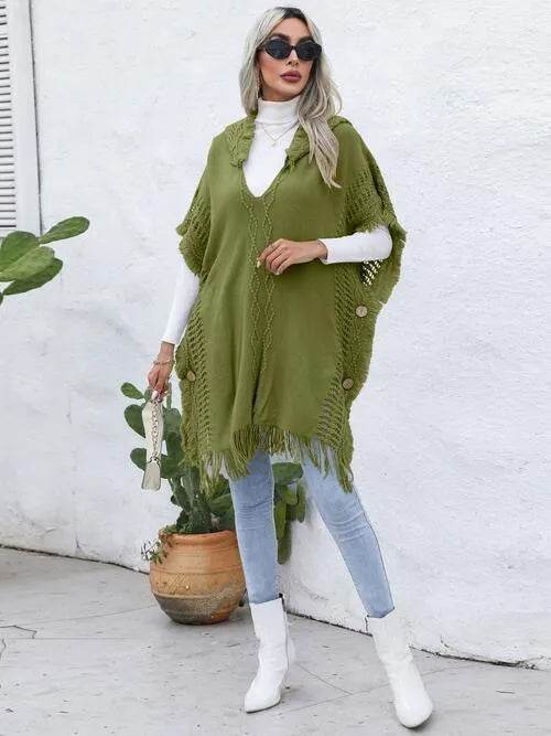 Fringe Trim Buttoned Hooded Poncho - Bona Fide Fashion