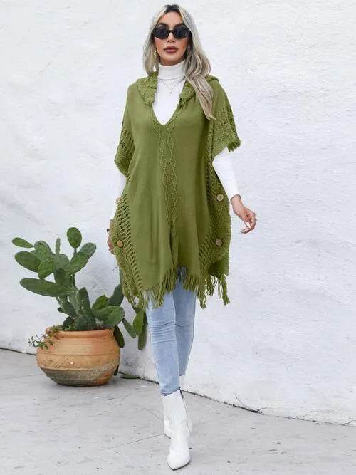 Fringe Trim Buttoned Hooded Poncho - Bona Fide Fashion