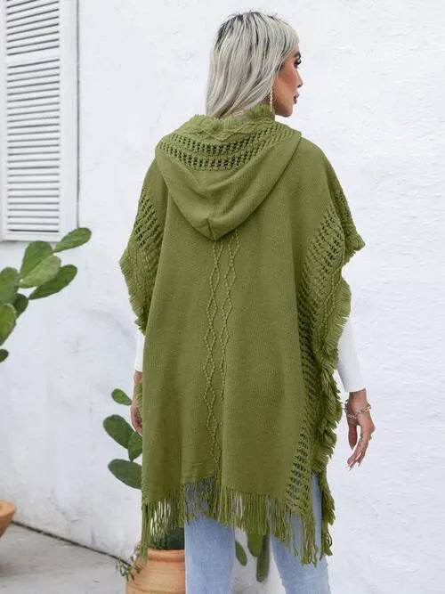 Fringe Trim Buttoned Hooded Poncho - Bona Fide Fashion