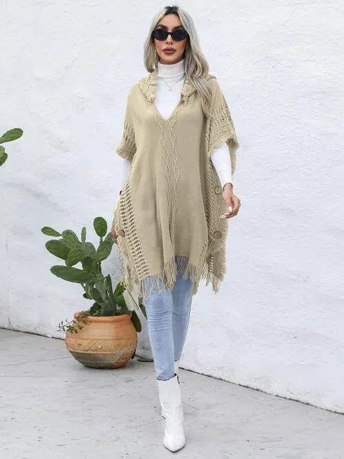 Fringe Trim Buttoned Hooded Poncho - Bona Fide Fashion