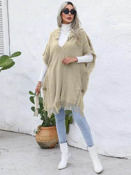 Fringe Trim Buttoned Hooded Poncho - Bona Fide Fashion