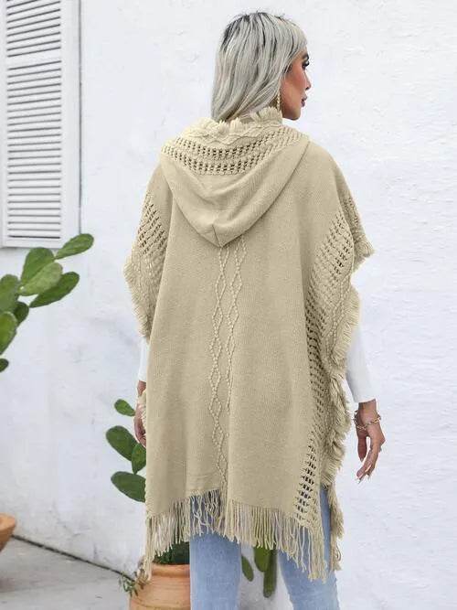 Fringe Trim Buttoned Hooded Poncho - Bona Fide Fashion
