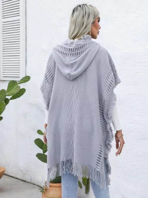 Fringe Trim Buttoned Hooded Poncho - Bona Fide Fashion